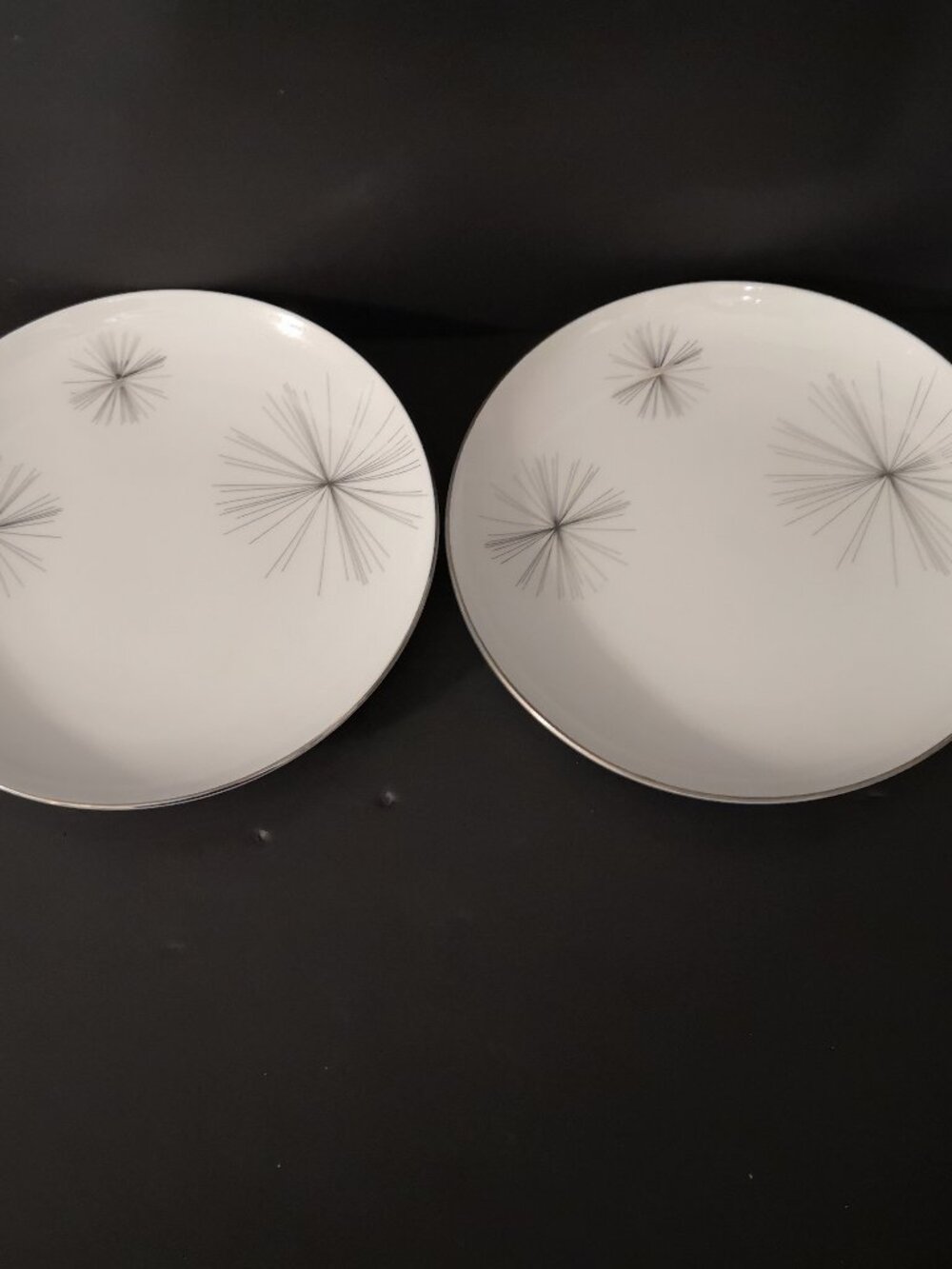 2 - 8" Pier 1 Porcelain Salad Plates White w/ Silver Tone Starbursts & Rims MCM
